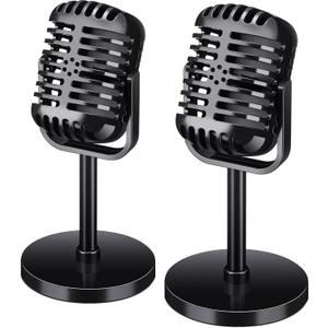 Chivao 2 Pack Retro Microphone Props Model Vintage Stage Table Decor Plastic Fake Microphone Antique Decor Stand Costume Prop for Party Toy (Black,Classic)