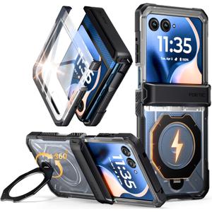 Poetic for Motorola Moto Razr 2026/2025/2024 Case, | Compatible with MagSafe | 360° Rotate Magnetic Ring Kickstand | Full Body Shockproof Protective Cover |Tempered Glass Screen Protector| Black/Clear