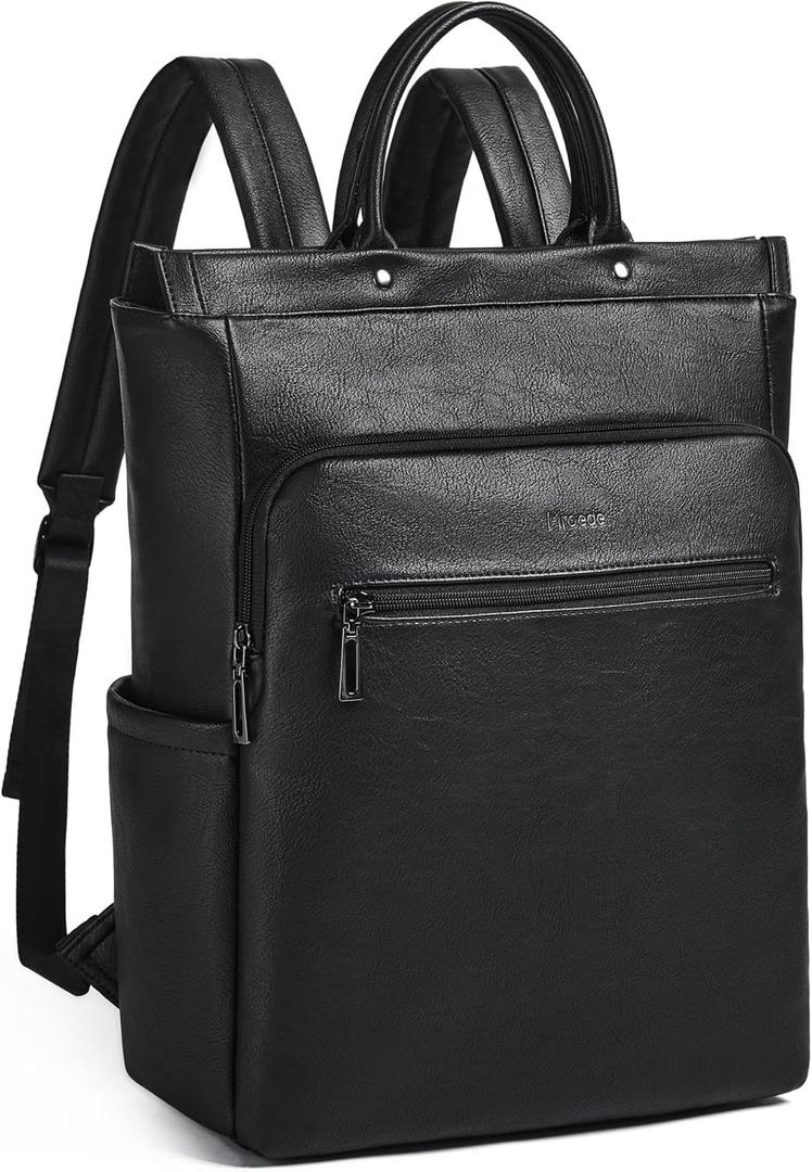 Leather Laptop Backpack for Women, Travel Backpack Purse Fits 15.6 Inch Laptop, Casual Daypack with Laptop Compartment for Teachers College Work Business Nurse Weekender, Black