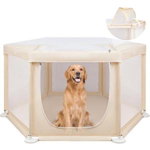 58.3"x58.3"x29.9" Large Dog Playpen Indoor, Extra Tall Puppy Playpen with Removable Roof, Sturdy Fabric Dog Pen for Medium to Large Pets, Spacious Hexagonal Pet Playpen Indoor for Comfort & Security