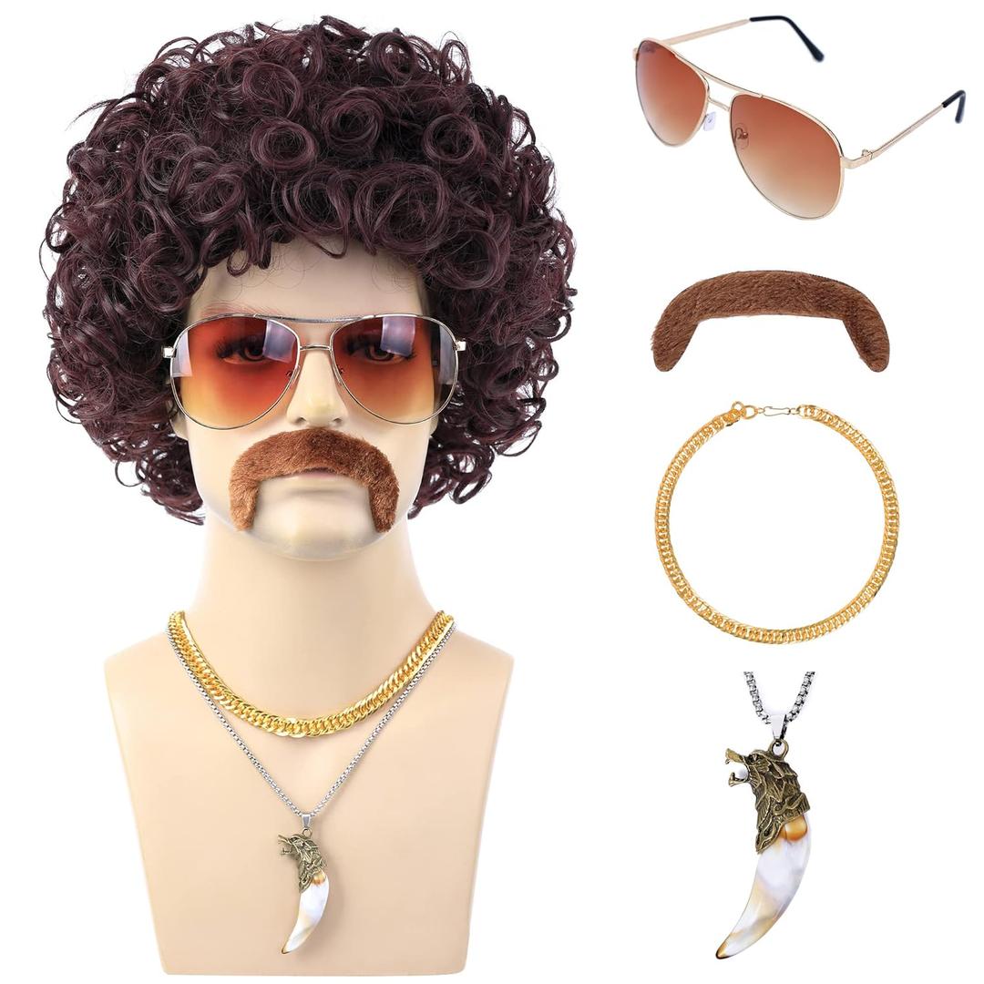 6pcs Set 70s 80s Disco wig with Mustache Glasses Artificial Wolf Necklace Gold Chain Short Curly Synthetic Hair Afro Mens Wig for 60s Hippies Costume Cosplay Halloween Party (Reddish Brown)