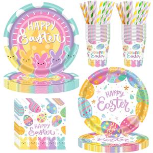 125PCS Easter Party Supplies Set, Happy Easter Bunny Egg Disposable Paper Plates Tableware Serve 25 Guests, Easter Dinner Plates 9" Dessert Plates 7" Cups Napkins Straws