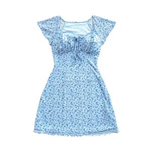 WDIRARA Women's Floral Square Neck Ruffle Sleeve Dress Vacation Short Dresses Blue Large (Blue)