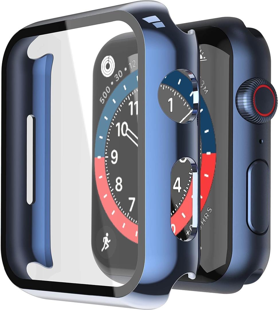 Misxi 2 Pack Hard PC Case with Tempered Glass Screen Protector Compatible with Apple Watch SE 2 (2024), SE Series 6, 5, 4 - 44mm, 1 Blue + 1 Transparent
