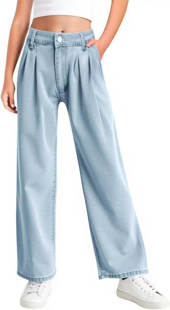 Haloumoning Girls Wide Leg Baggy Jeans Kids Fashion Pleated Elastic High Waist Denim Pants with Pockets 5-14 Years