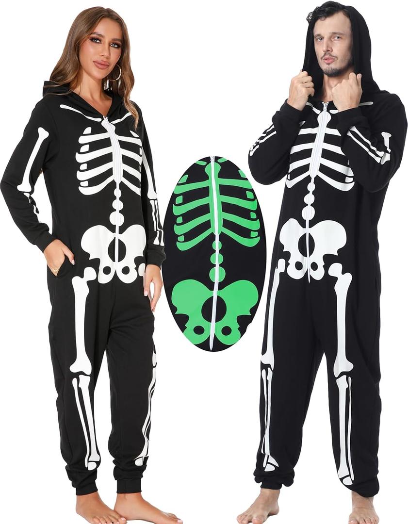 GRAJTCIN Adult Skeleton Costume Halloween Glow in the Dark Skeleton costume Hoodies Onesies (S)