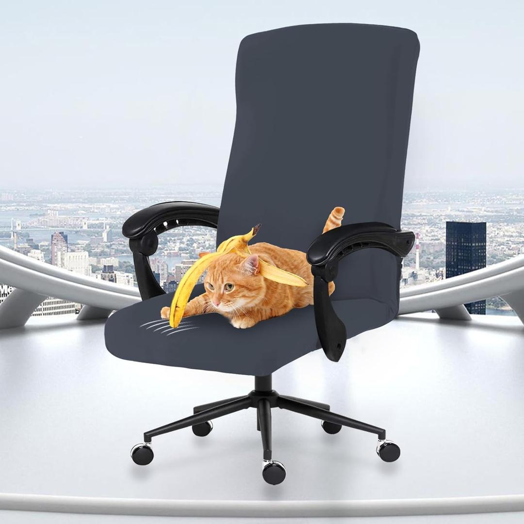 Elastic Computer Chair Cover with Durable Zipper - Protective Removable Washable Universal Office Desk Chair Seat Slip Cover - Stretchy Soft Anti-dust Desk Chair Seat Protector for Dogs, Cats, Pets (Dark Gray)