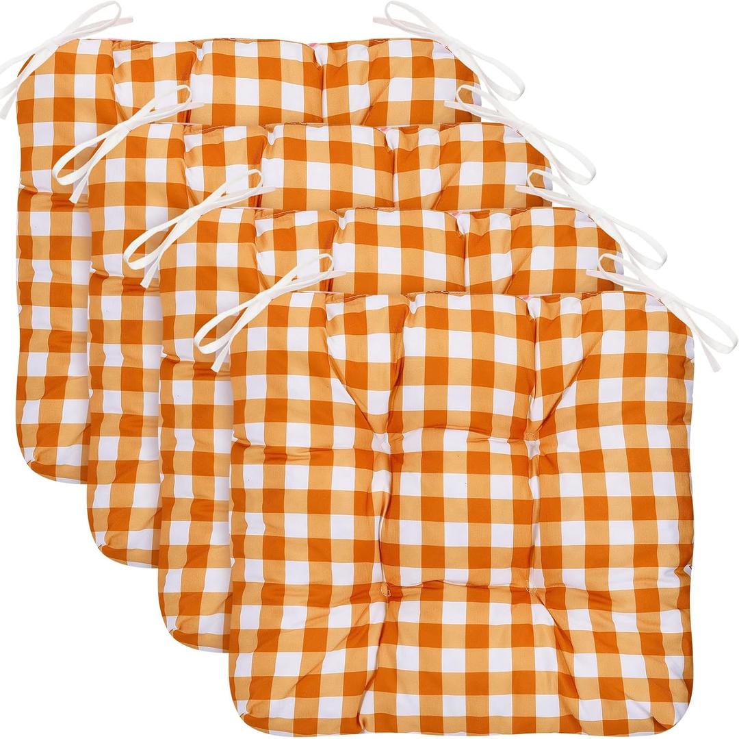 Geetery 4 Pack Chair Cushions for Dining Chairs, 16" x 15" Orange Kitchen Chair Cushions with Ties Buffalo Plaid Soft Comfy Seat Pads for Home Office Living Room Outdoor Indoor, 16.14 x 14.96 x 3.15 inches