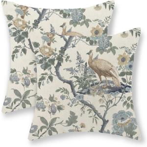 Chinoiserie Pillow Covers 18x18 Set of 2 Blue Bird Floral Throw Pillows Vintage Blue Green Flowers Decorations Outdoor Pillowcase Chinoiserie Decor Farmhouse Cushion Case for Couch Home