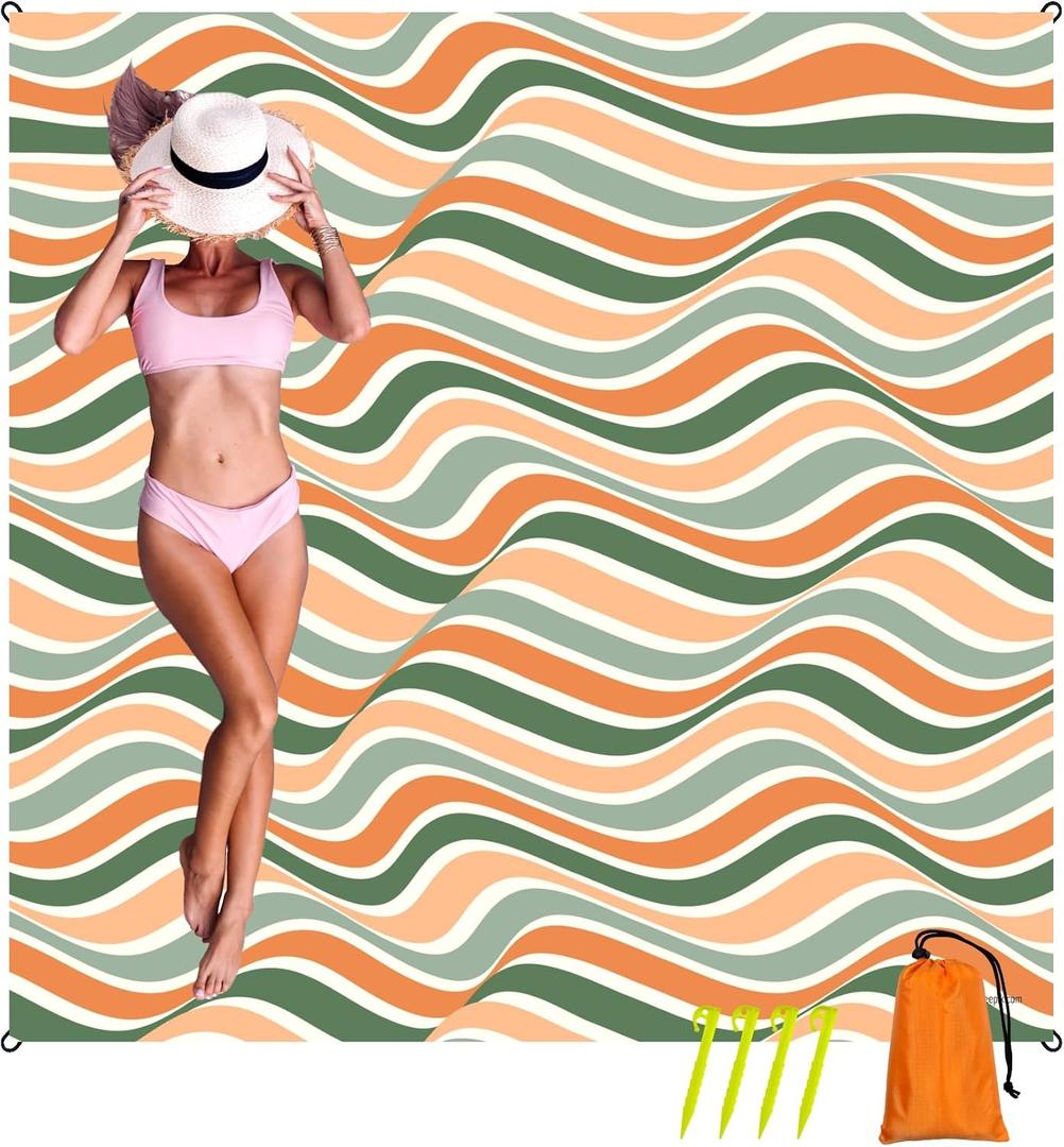 Oversized Sandproof Beach Blanket (83"x81"), Extra Large Beach Sheet for Up to 6 People. Sandfree Beach Mat, Big Sand Blankets with Sand Bags and Stakes. (Colored Wave)