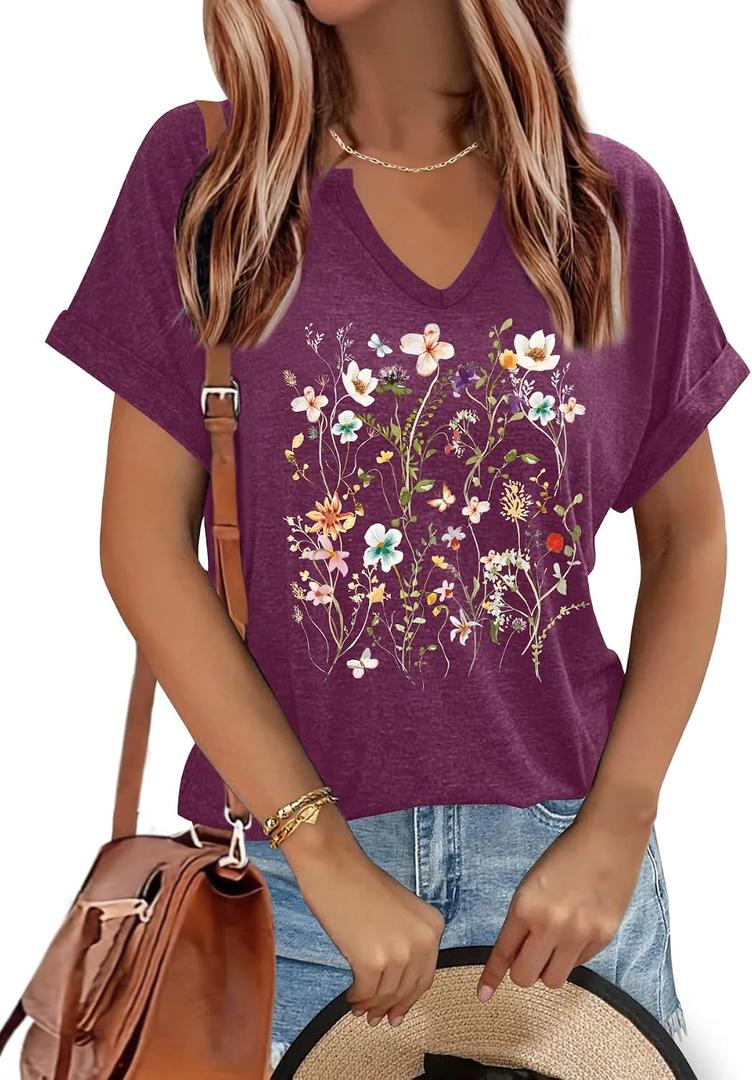 Women's Floral T-Shirts V-Neck Dandelion Sun Flower Graphic Casual Tee Boho Tops Cute Wildflowers Shirts (Purple, M)