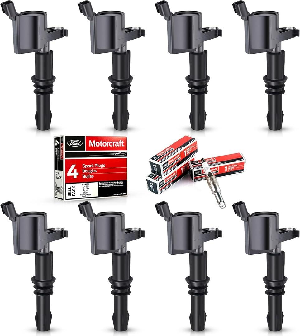 MAS Set of 8 Ignition Coils Pack Straight Boot & Motorcraft Spark plug SP546 SP515 Compatible with Ford F150 F250 F350 Super Duty Expedition Lincoln Navigator V8 5.4l Replacement for DG511 FD508
