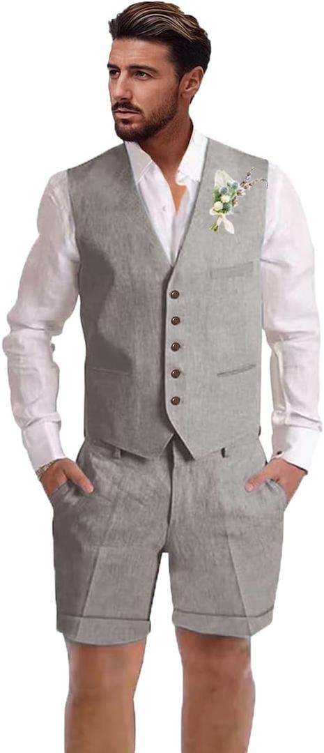 Mens Linen Suit 2 Piece Short Suits for Men Casual Summer Beach Wedding Suit Linen Vest Shorts Set (3X-Large, Grey)