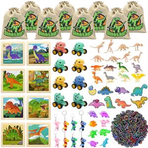 128PCS Dinosaur Party Favors for Kids, Dino Birthday Goodie Bags Set with Puzzles, 50 Stickers, Keychains, Fridge Magnets, Acrylic Crystal Dinosaurs, Dino Pull-Back Cars, Bookmarks & Burlap Gift Bags