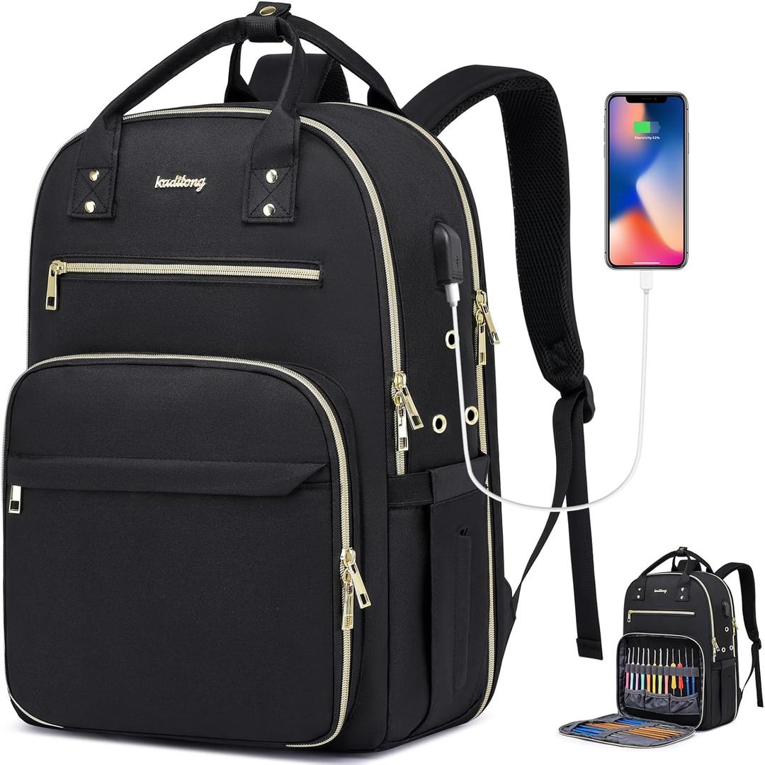 Knitting Bag Crochet Backpack for Crocheters,Yarn Organizer Storage for Knitters Travel,Large Capacity Crochet Bag Yarn Storage Tote Bag with USB Port Knitting Gifts for Women