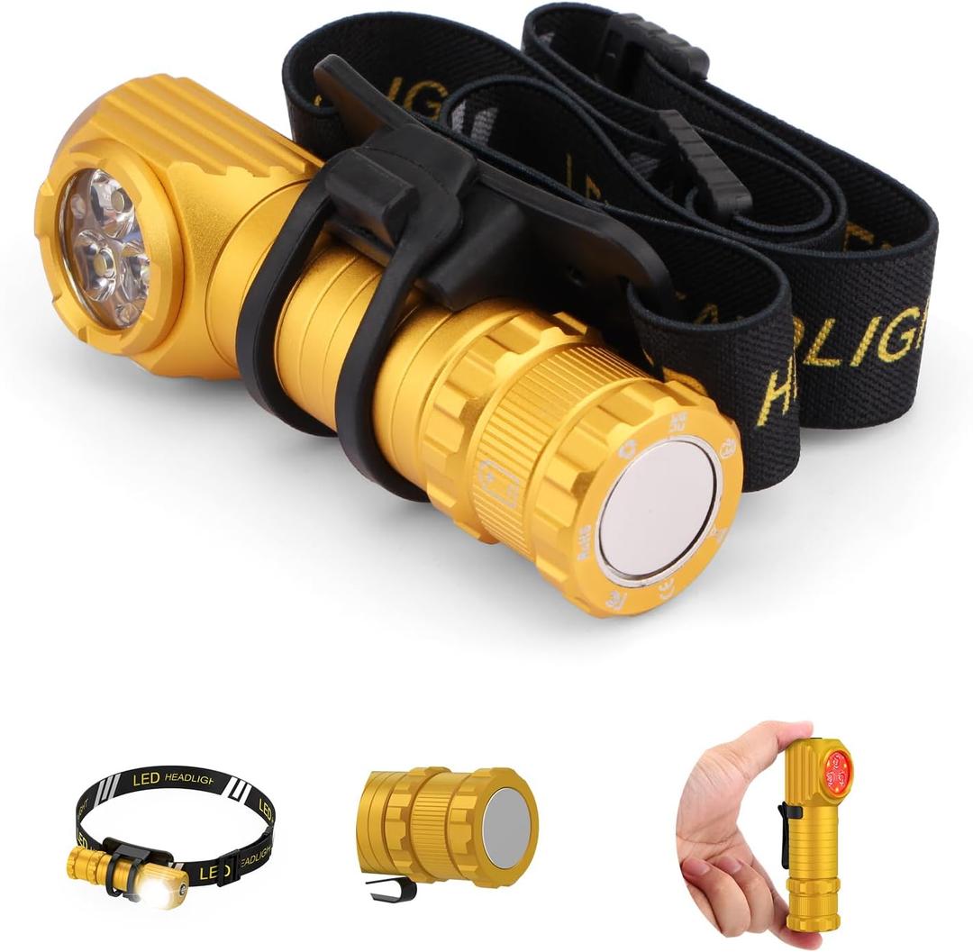 High Lumens LED Rechargeable Headlamp for Adults - Hard Hat Light Running Head Lamp with Red Light, Magnet, 180 Tilt, 7 Modes, Detachable Flashlight & Headband, Outdoor, Emergency 1PC, Gold
