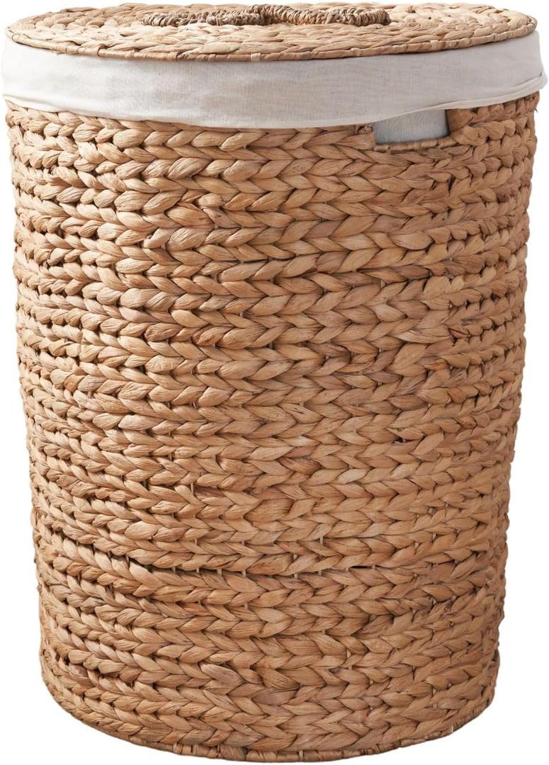 Round Woven Wicker Laundry Hamper with Lid - Large Water Hyacinth Storage Wicker (Natural Brown, 15x15x20 in)