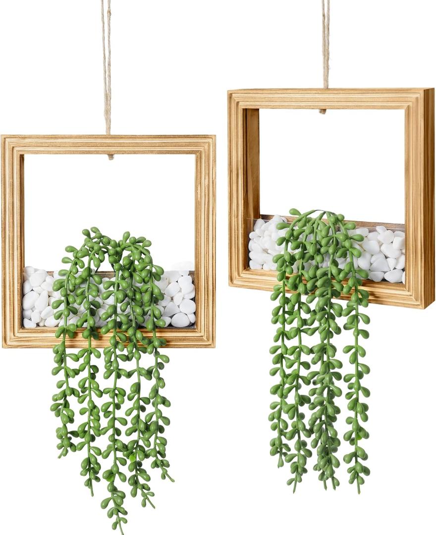 2 Pack Hanging Artificial Succulents Plants String of Tears - 7.8x7.8in Square Wooden Frame Vase with Stones & 2 LED Fairy Lights (On/Off Switch), Farmhouse Decor for Indoor Outdoor WallBurnt Wood