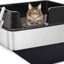 Vealind Stainless Steel Cat Litter Box High Sided Metal Cats Litter Pan Tray Enclosed with Scoop Mats Non-Sticky Anti-Leakage Easy Cleaning Kitty Litter Boxes (19.7"L x 13.8"W x 7.5"H, Black)