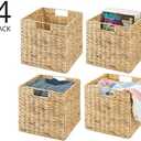 mDesign Natural Woven Hyacinth Cube Organizer Basket with Handles, Storage for Bathroom, Laundry Room Shelf or Nursery - Perfect for Cubby Storage Units - Hold Blankets and Books - 4 Pack, Natural/Tan
