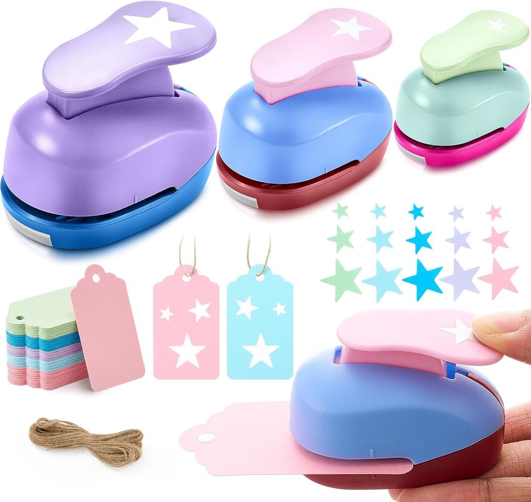 Fullhawl 53 Pcs Star Hole Punch Include 3/8, 5/8, 1 Inch 3 Size Star Punch 50 Kraft Gift Tags with 10 Meter String for Paper DIY Projects Gifts Greeting Cards DIY Albums Photos Office Supplies