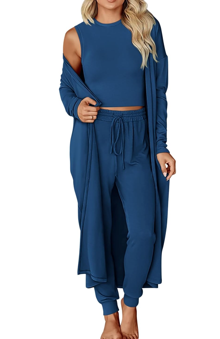 KIRUNDO Women Spring 3 Piece Outfits Casual Fall Long Sleeve Long Cardigan Sleeveless Crop Top Drawstring Pants Lounge Sets, XXL