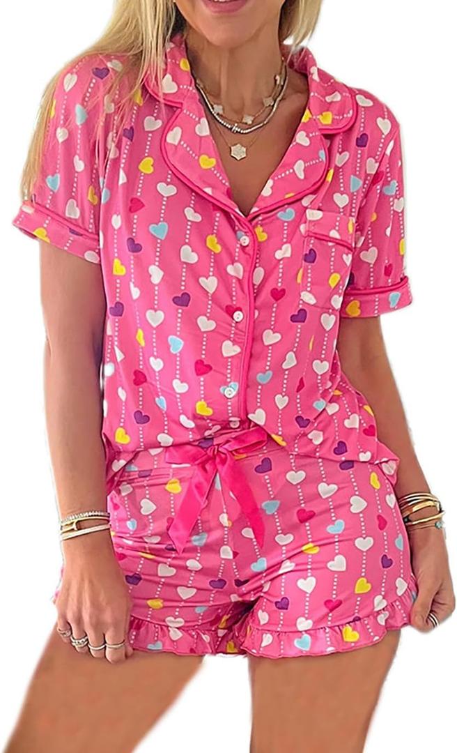 Women 2 Pieces Heart Floral Bow Pajama Sets Button-Down Short Sleeve Shirt Ruffle Short Sleepwear (XL)
