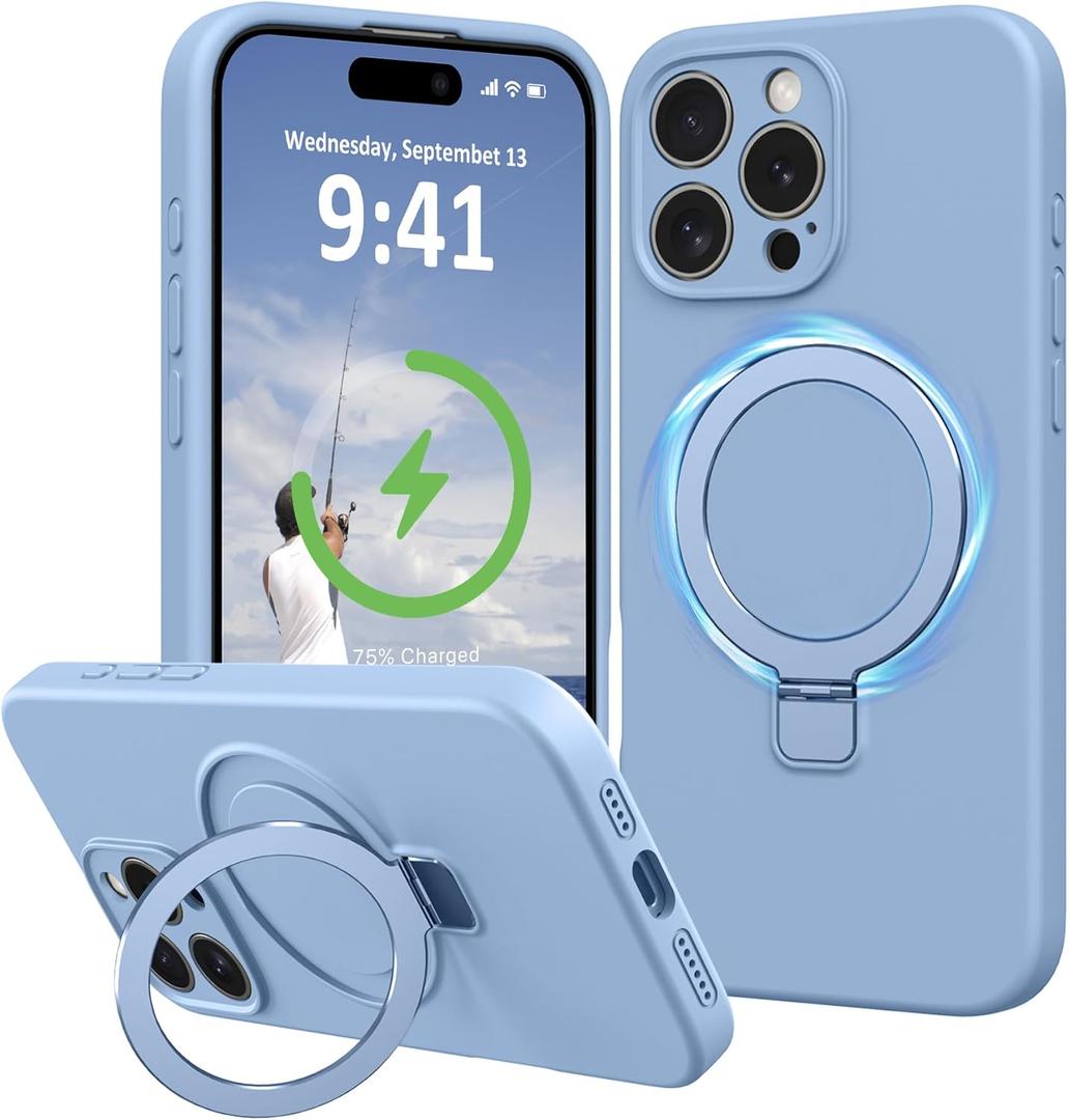 Compatible with iPhone 16 Pro Max Case Stand, Liquid Silicone Phone Cases Fit for iPhone 16 Pro Max Compatible with MagSafe Magnetic Ring Kickstand Case Full Camera Protection, Light Blue
