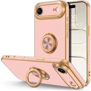 Hython for iPhone Air Case with Ring Stand, 360 Rotatable Ring Holder Magnetic Kickstand, Plating Rose Gold Edge Soft Cover Protective Phone Case for iPhone Air 6.5", Pink