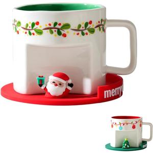 14 oz Mug Coffee Christmas Santa Ceramic Cup with 3D Silicone Coasters, Microwave safe for hot and cold drinks Perfect Birthday Christmas Choice For Children Friend Parent Sibling (Santa Claus)