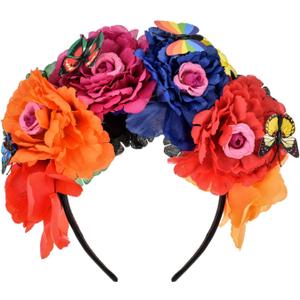 DreamLily Rose Flower Crown Headband HalloweenCinco De Mayo Party Costume Headpiece NC26, Fuchsia Orange Blue