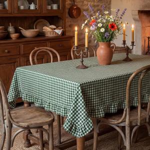 Mindsoft Green Gingham Ruffled Tablecloth 70 x 52 Inches Rectangle Cotton Linen Checkered Table Cloth Buffalo Plaid Farmhouse Vintage Decorative Tablecover for Picnic Kitchen Dining Room Home Party