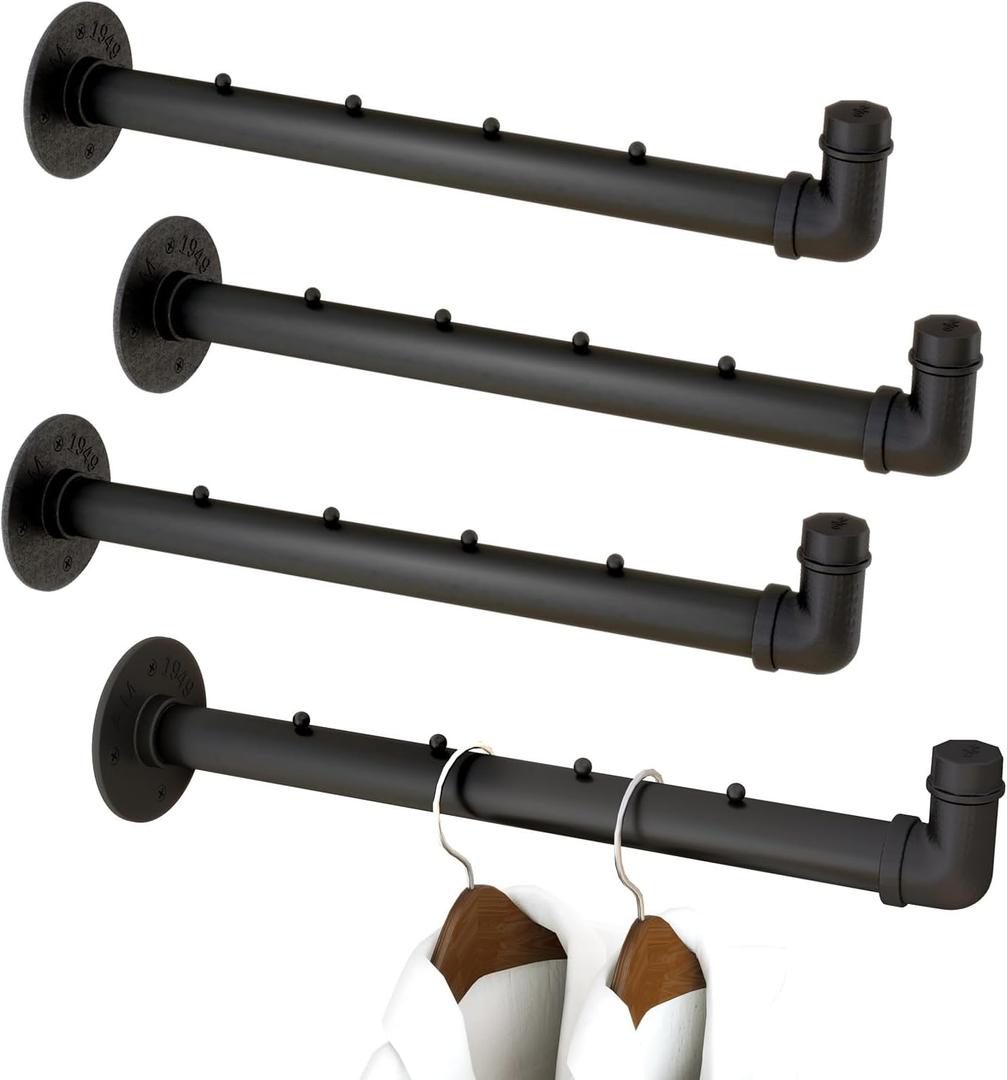 IBUYKE 4 Pcs 15.7 Inch Industrial Pipe Clothes Bar, Multifunctional Wall Mounted Clothes Rail, Heavy Duty Space-Saving Hanging Closet Rod for Bedroom Bathroom, Black TYJ008H-4