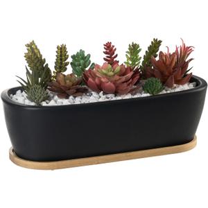 MyGift 14 Inch Oval Modern Matte Black Ceramic Succulent Planter Pot with Drainage Hole and Removable Bamboo Saucer, Decorative Indoor House Plant Container for Flowers, Cactus, Herbs