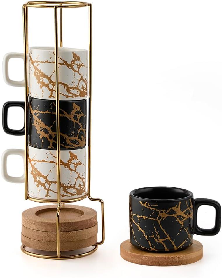 LUKA Porcelain Espresso Cup with Saucer and Metal Stand, 4 Ounce Stackable Ceramic Demitasse Espresso Mugs Cups Set for Latte, Specialty Coffee Drinks, Cafe Mocha - Set of 4, White & Black