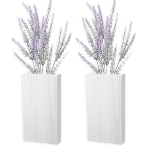 Vesici 2 Pack Wood Wall Planter Vase With Artificial Plants - Indoor Holder Pocket, Farmhouse Wooden Flower Vase, Hanging Decor for Bedroom Kitchen Office Home (White, Lavender)