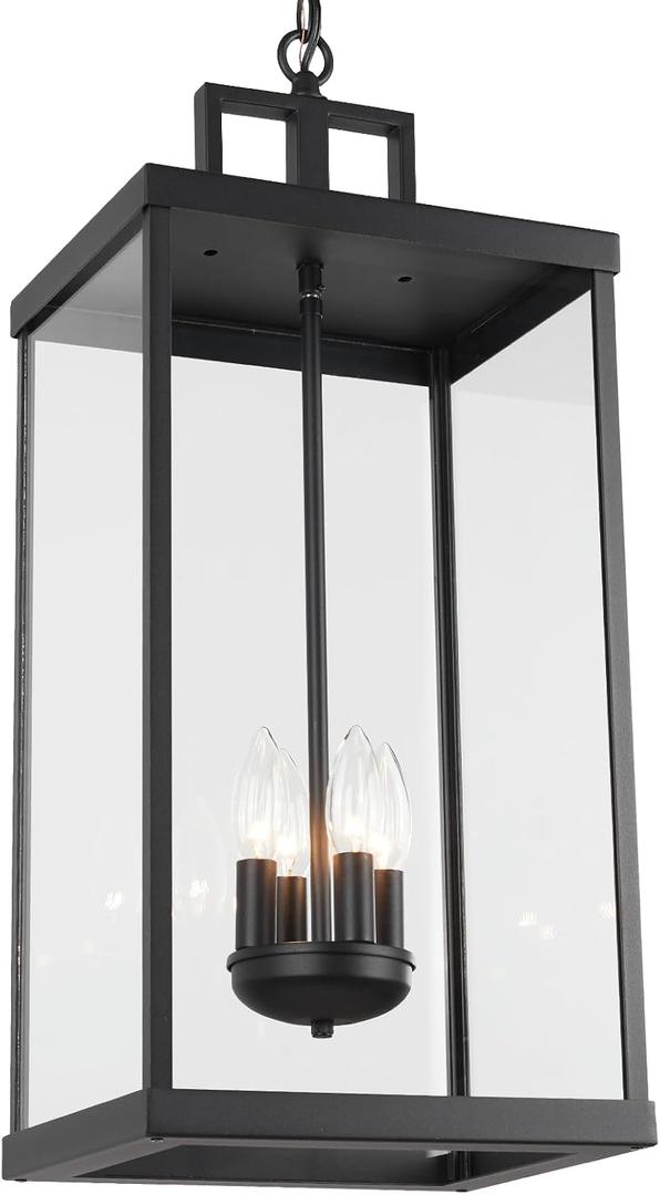 Outdoor Pendant Light, 25'' Large Hanging Lights Lantern Light, Modern Outside Chandelier with Clear Glass, Exterior Gazebo Light for Patio, Porch, Yard, Garage