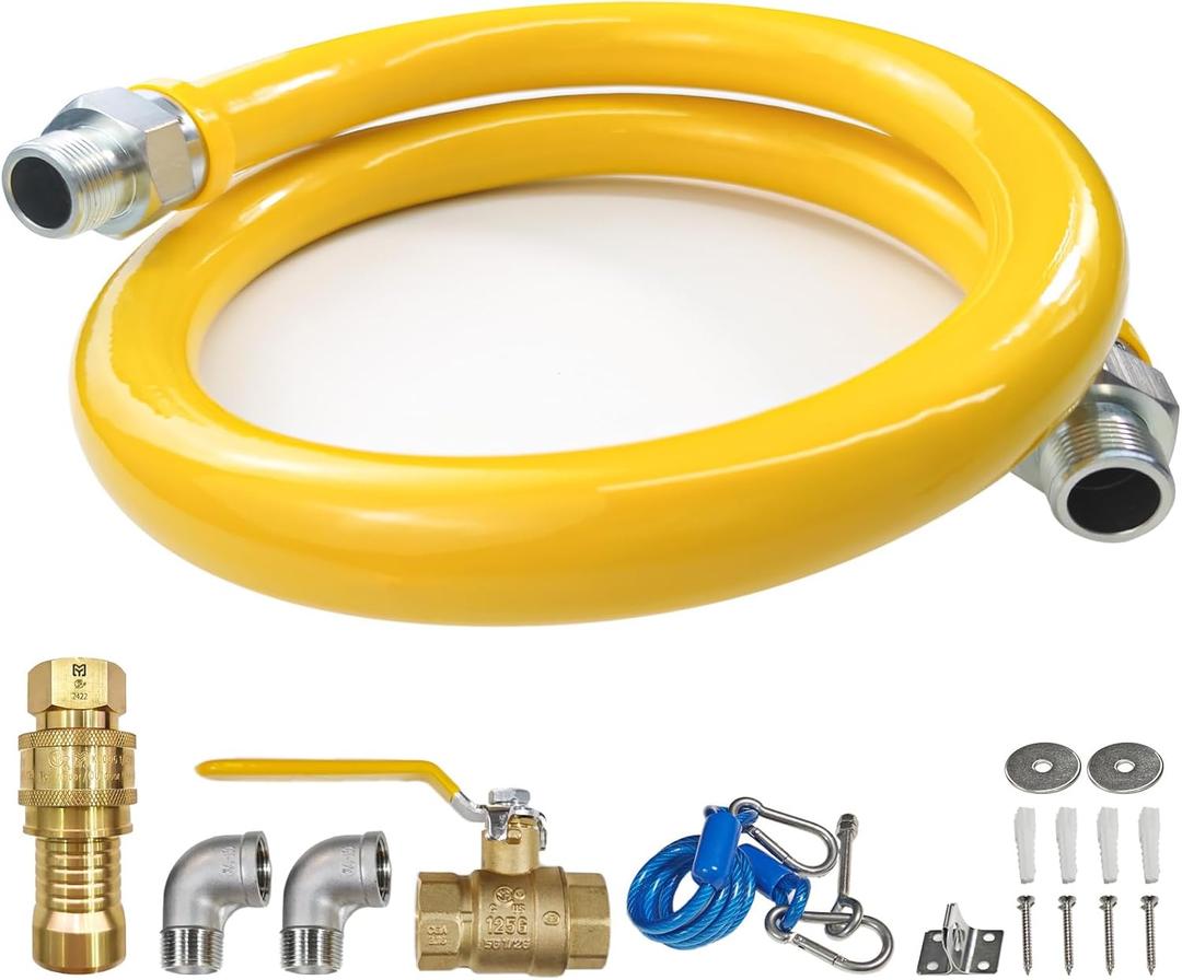 48Inch Gas Hose Connector Kit with 2 Elbow Fittings, 3/4 Quick Disconnect Fittings, Flexible Gas Line for Kitchen Commercial Equipment