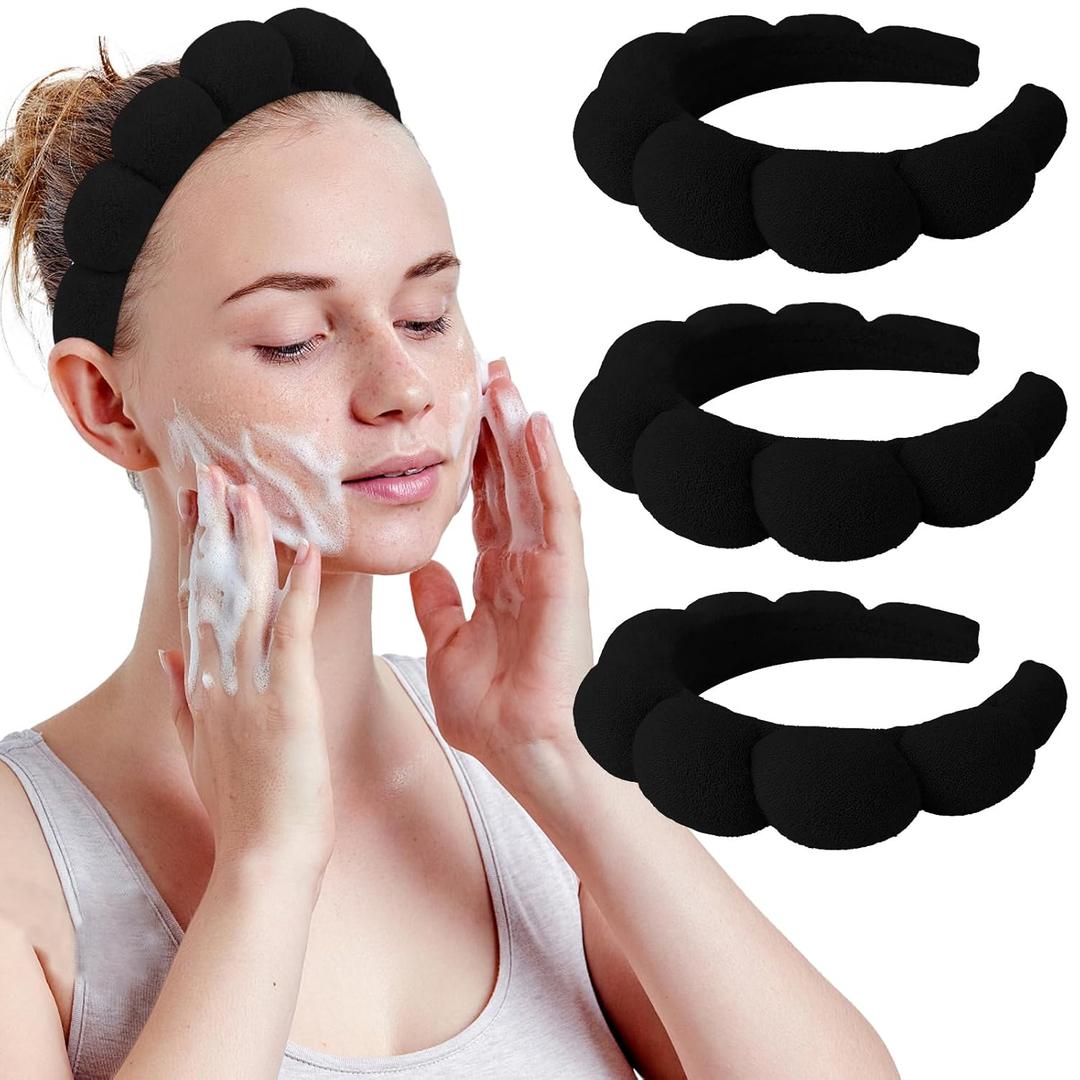 WHAVEL 3 Pack Spa Headband Skincare Headbands, Makeup Headband Sponge Terry Cloth Headbands Face Wash Headband Puffy Hair Band for Washing Face Women Girls (Black)