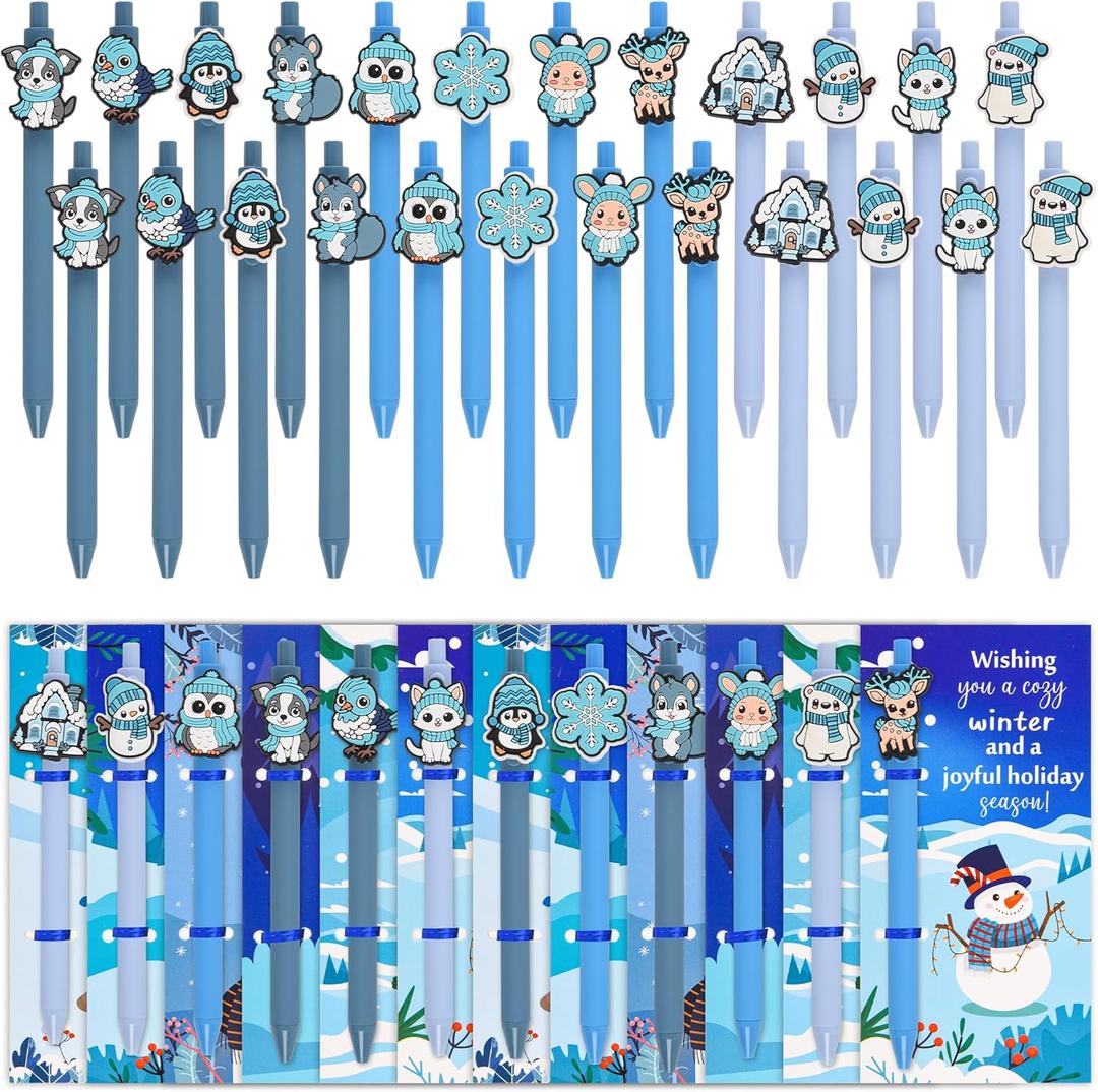 LiYiQ 48 Pcs Winter Gifts Cartoon Cute Fun Ballpoint Pens with Bookmark Kawaii Snowmen Penguins Cats Snowflakes and Polar Bears Shape Funny Pens Bulk for School Office Home Student Kids Present