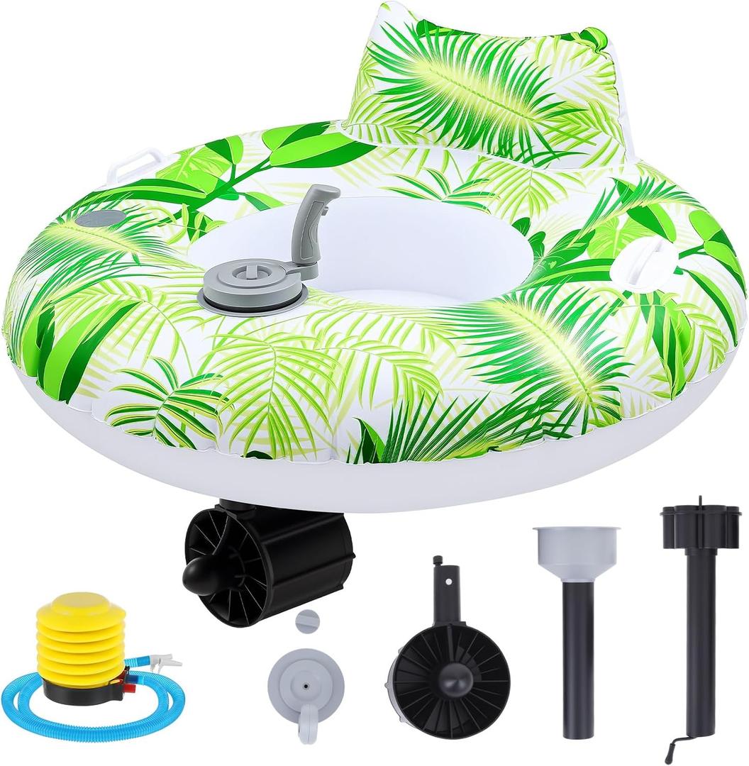 Motorized Pool Float for Adults | Battery Inflatable Pool Lounger with Motor Backrest, Cup Holder, Pusher Handles, Foot Pump, Lounger for Summer Lake Fun