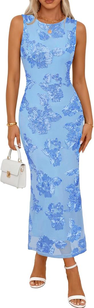MEROKEETY Women's Summer Floral Bodycon Maxi Dress 2026 Slit Mesh Sleeveless Formal Wedding Guest Cocktail Party Long Dresses, Blue, Large