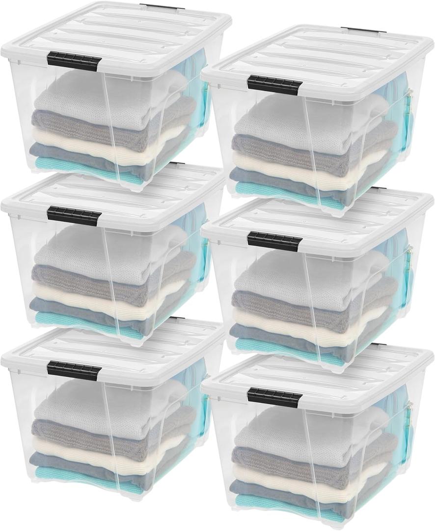 IRIS USA 54 Qt Stackable Plastic Storage Bins with Lids, 6 Pack - BPA-Free, Made in USA - See-Through Organizing Solution, Latches, Durable Nestable Containers, Secure Pull Handle - Clear/White