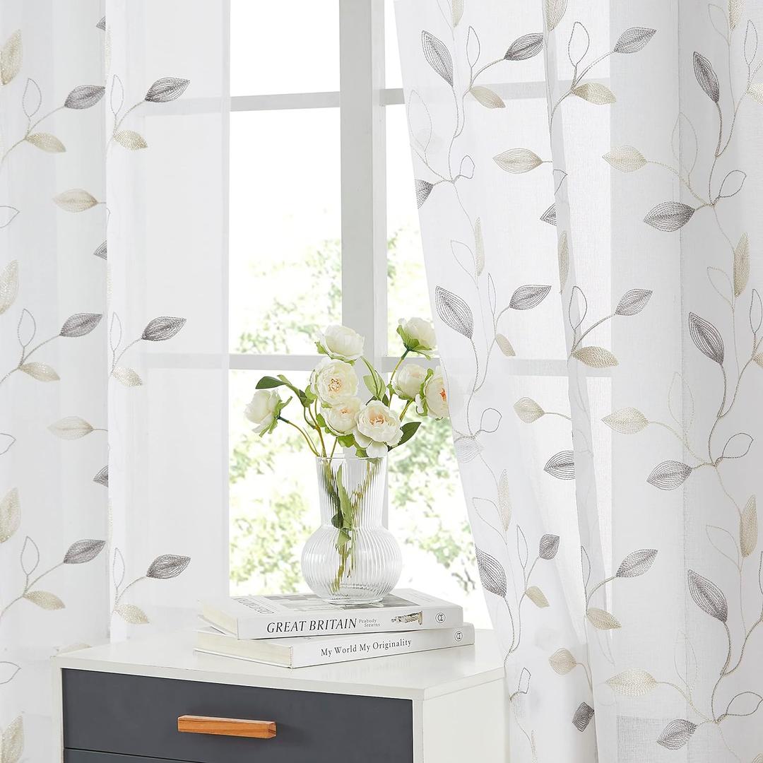 Bujasso Embroidered Leaf Sheer Curtains Floral Farmhouse Light Filtering Window Panels Botanical Patterned Drapes for Living Room Bedroom Grommet Top, Gray Beige 38" Wx95 Lx2 (Yellow Grey)