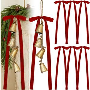 2 Pcs Christmas Cow Bells with 8 Pcs Red Velvet Christmas Bows Vintage Gold Bell Decorations with Hanging Rope Velvet Ribbon for Xmas Tree Wall Home Wreath Garland Staircase Indoor Outdoor