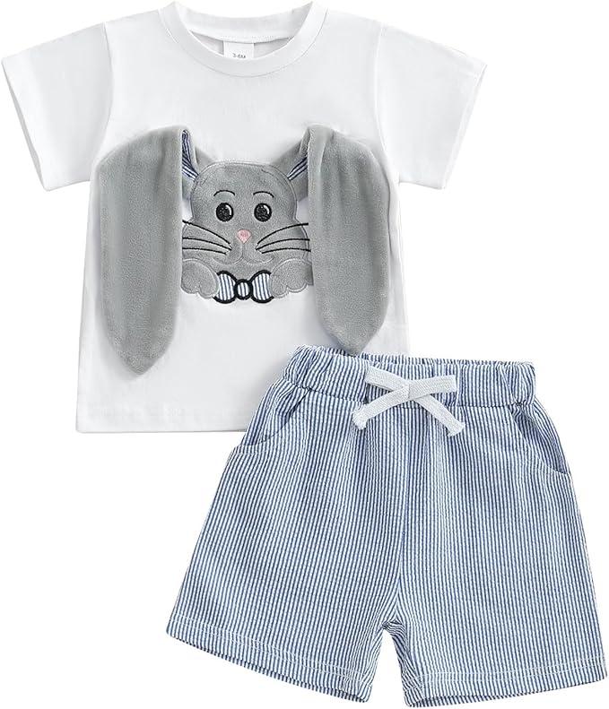 Nibbcoa Baby Boy Easter Outfit Short Sleeve Long Ear Rabbit T Shirt Casual Striped Shorts Set Kids Summer Clothing (White, 3-6 Months)