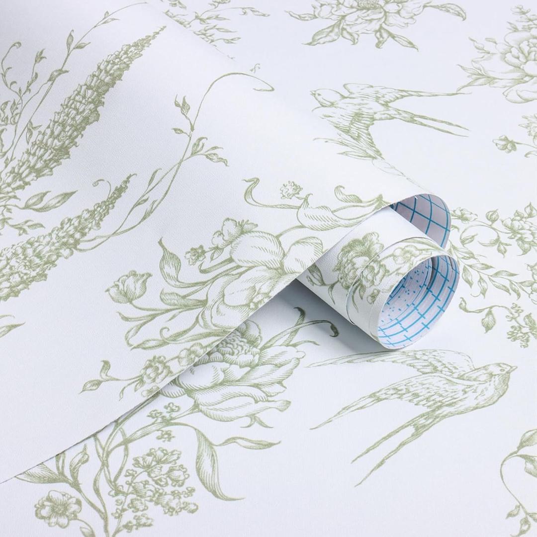Floral Birds Wallpaper Peel and Stick Green and White Contact Paper  16.9"x 118.1" Vintage Floral Self Adhesive Removable Wallpaper Green Flower Contact Paper for Bathroom Kitchen Decor