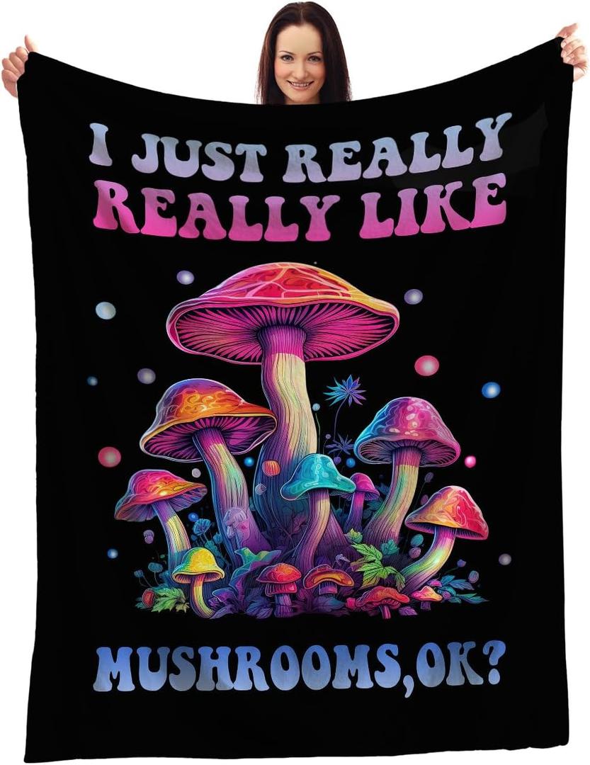 Emily gift Funky Fungi Lover Throw Blanket - Vibrant Mushroom Art - Whimsical Home Decor - 'I Just Really Like Mushrooms Ok?' - Cozy and Colorful
