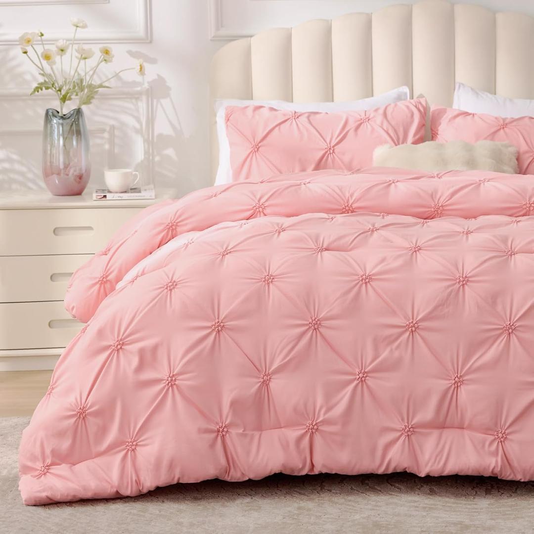 BEDELITE Pink Comforter Set Full - 3 Peices Boho Pintuck Bedding Comforter Sets, Lightweight Soft & Warm Twin Bedding Sets with 2 Pillowcase for All Season