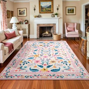 Terrug 5x7 Pink Floral Area Rug for Living Room,Boho Machine Washable Ultra-Thin Rugs with Non-Slip Blacking for Bedroom,Large Flower Carpet for Dining Room Playroom Floor Decor